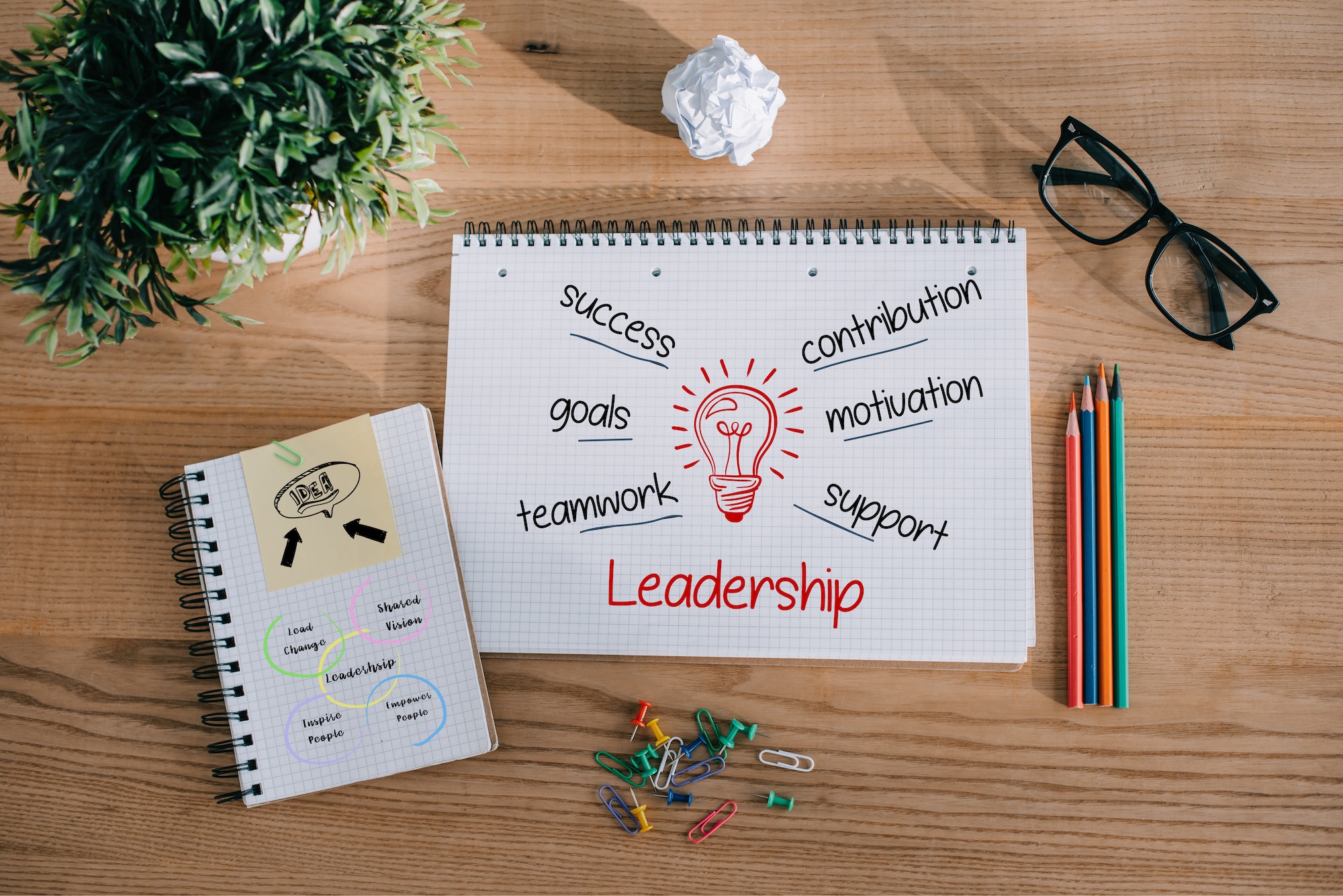 top view of notebooks with leadership ideas on wooden tabletop in office